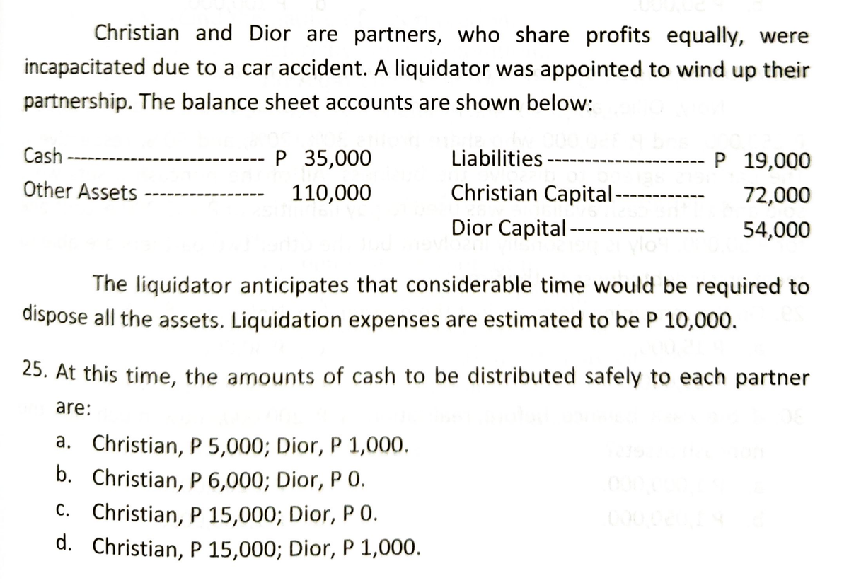 Christian and Dior are partners, who share profits equally, were
incapacitated due to a car accident. A liquidator was appointed to wind up their
partnership. The balance sheet accounts are shown below:
Cash
P 35,000
P 19,000
Other Assets
110,000
Liabilities
Christian Capital-
Dior Capital
72,000
54,000
The liquidator anticipates that considerable time would be required to
dispose all the assets. Liquidation expenses are estimated to be P 10,000.
25. At this time, the amounts of cash to be distributed safely to each partner
are:
a. Christian, P 5,000; Dior, P 1,000.
b. Christian, P 6,000; Dior, P 0.
C.
Christian, P 15,000; Dior, PO.
d.
Christian, P 15,000; Dior, P 1,000.