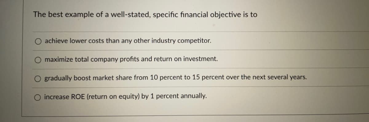 The best example of a well-stated, specific financial objective is to
O achieve lower costs than any other industry competitor.
O maximize total company profits and return on investment.
gradually boost market share from 10 percent to 15 percent over the next several years.
increase ROE (return on equity) by 1 percent annually.