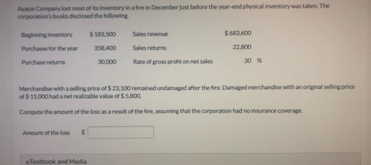 Ayayai Company lost most of its inventory in a fire in December just before the year-end physical inventory was taken. The
corporation's books disclosed the following.
Beginning inventory
$ 183,500
Sales revenue
$683,600
Purchases for the year
358,400
Sales returns
22,800
Purchase returns
30,000
Rate of gross profit on net sales
30 %
Merchandise with a selling price of $ 23,100 remained undamaged after the fire. Damaged merchandise with an original selling price
of $ 15,000 had a net realizable value of $ 5,800.
Compute the amount of the loss as a result of the fire, assuming that the corporation had no insurance coverage.
Amount of the loss
2$
eTextbook and Media
