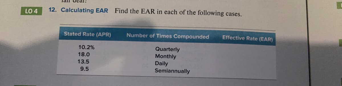 LO 4
12. Calculating EAR Find the EAR in each of the following cases.
Stated Rate (APR)
Number of Times Compounded
Effective Rate (EAR)
Quarterly
Monthly
Daily
Semiannually
10.2%
18.0
13.5
9.5
