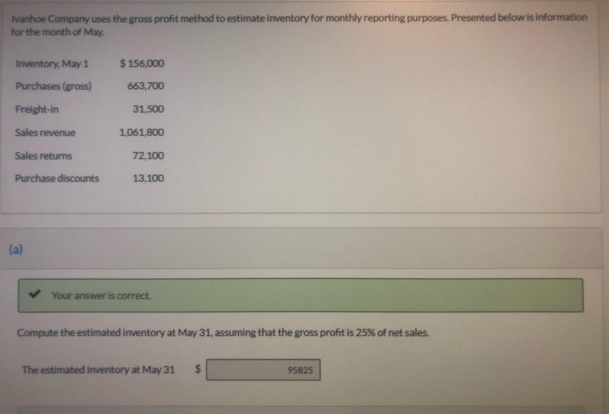Ivanhoe Company uses the gross profit method to estimate inventory for monthly reporting purposes. Presented below is information
for the month of May.
Inventory, May 1
$156,000
Purchases (gross)
663,700
Freight-in
31,500
Sales revenue
1,061,800
Sales returns
72,100
Purchase discounts
13,100
(a)
Your answer is correct.
Compute the estimated inventory at May 31, assuming that the gross profit is 25% of net sales.
The estimated inventory at May 31
%24
95825

