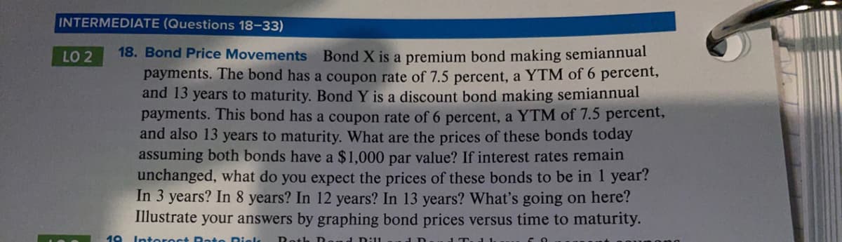 INTERMEDIATE (Questions 18–33)
18. Bond Price Movements Bond X is a premium bond making semiannual
payments. The bond has a coupon rate of 7.5 percent, a YTM of 6 percent,
and 13 years to maturity. Bond Y is a discount bond making semiannual
payments. This bond has a coupon rate of 6 percent, a YTM of 7.5 percent,
and also 13 years to maturity. What are the prices of these bonds today
assuming both bonds have a $1,000 par value? If interest rates remain
unchanged, what do you expect the prices of these bonds to be in 1 year?
In 3 years? In 8 years? In 12 years? In 13 years? What's going on here?
Illustrate your answers by graphing bond prices versus time to maturity.
LO 2
19
Interest Rate Diels
Roth
