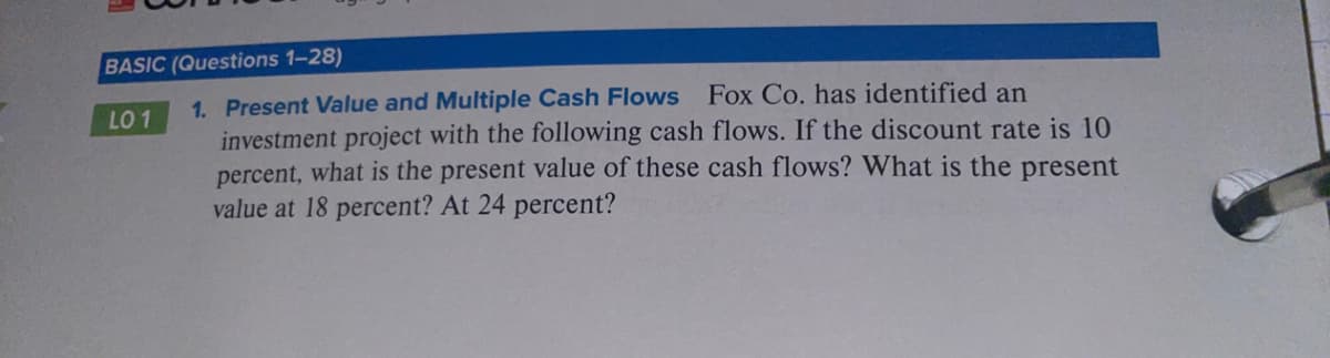 BASIC (Questions 1-28)
1. Present Value and Multiple Cash Flows Fox Co. has identified an
investment project with the following cash flows. If the discount rate is 10
percent, what is the present value of these cash flows? What is the present
value at 18 percent? At 24 percent?
LO 1
