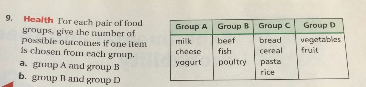 9.
Health For each pair of food
Group A
Group B
Group C
Group D
groups, give the number of
possible outcomes if one item
is chosen from each group.
milk
beef
bread
vegetables
cheese
fish
cereal
fruit
A and group B
yogurt
poultry
pasta
а.
group
rice
b. group B and group D
