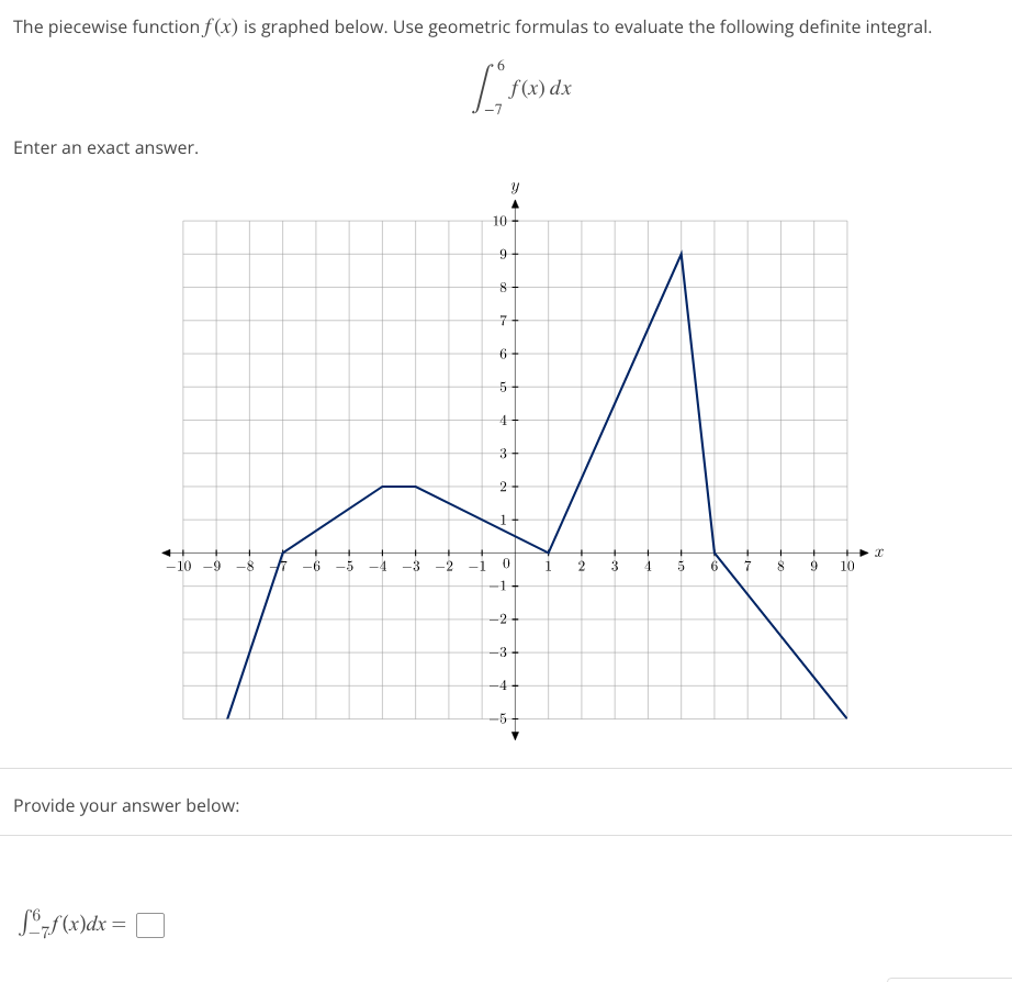 The piecewise function f(x) is graphed below. Use geometric formulas to evaluate the following definite integral.
Enter an exact answer.
-10 -9 -8
Provide your answer below:
forf(x) dx =
-6 -5 -4 -3
-2
Ira
-1
10
9
00
8
f(x) dx
7
6
5
4
3
2
1
-1
0
Y
-2-
-4
-3+
-5
1
2
4
10
6
8 9
10
I