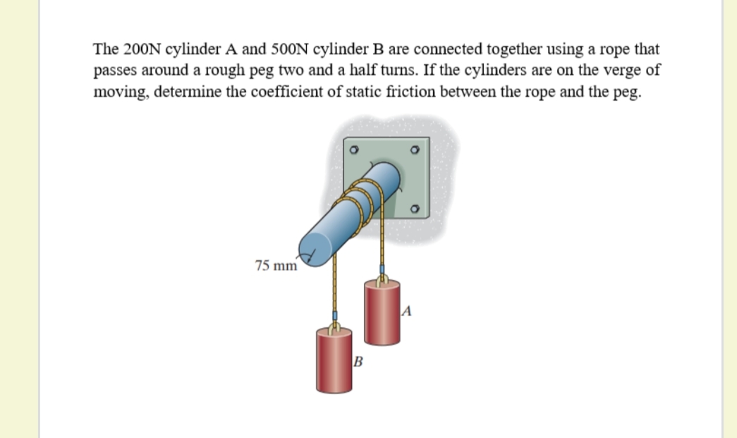 The 200N cylinder A and 500N cylinder B are connected together using a rope that
passes around a rough peg two and a half turns. If the cylinders are on the verge of
moving, determine the coefficient of static friction between the rope and the peg.
75 mm
|A
B
