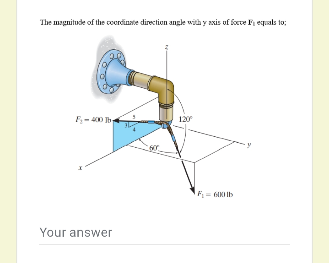 The magnitude of the coordinate direction angle with y axis of force F1 equals to;
F2= 400 lb-
120°
60°
F1 = 600 lb
Your answer
