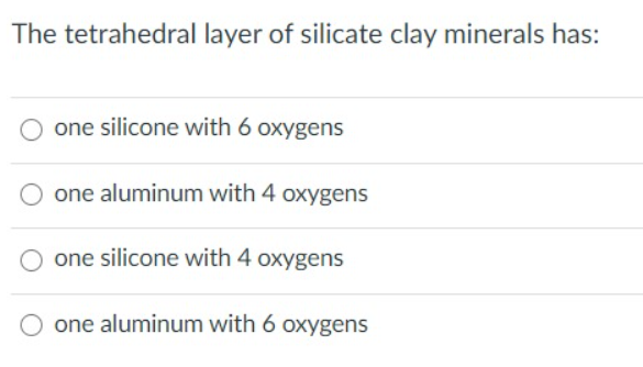 The tetrahedral layer of silicate clay minerals has:
one silicone with 6 oxygens
one aluminum with 4 oxygens
one silicone with 4 oxygens
one aluminum with 6 oxygens
