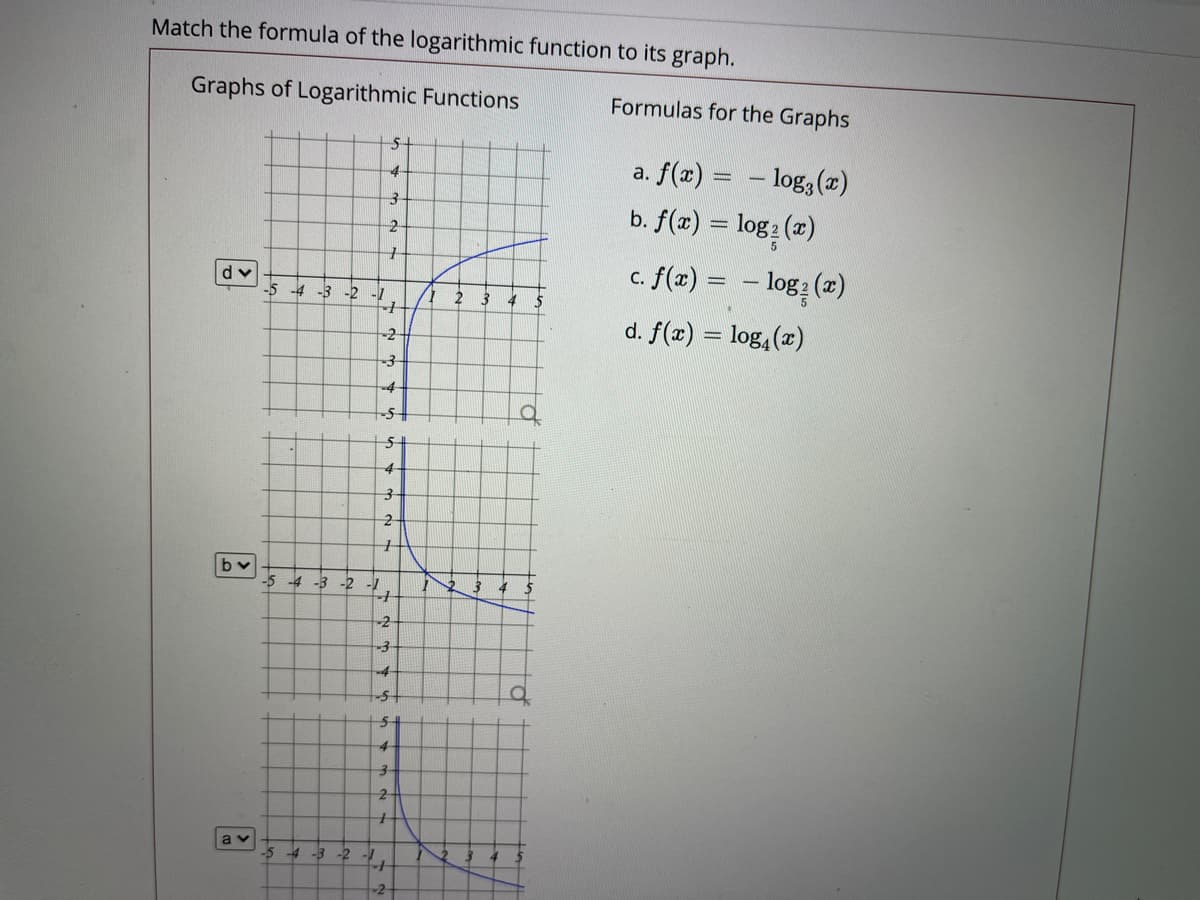 Match the formula of the logarithmic function to its graph.
Graphs of Logarithmic Functions
Formulas for the Graphs
a. f(x) = - log, (x)
b. f(æ) = log: (a)
dv
-5 -4 -3 -2 -1
c. f(x) = - log: (2)
d. f(2) = log, (x)
-2
-3
-4
-5-
4
3
-5 -4 -3 -2 -1
2
-4
5-
4
2-
a
-5 -4
-3 -2 -1
-2
