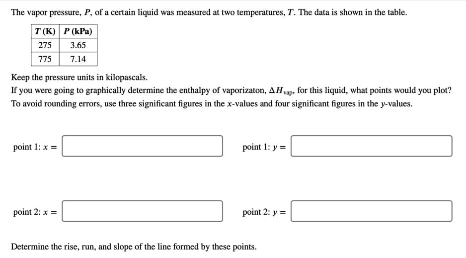 The vapor pressure, P, of a certain liquid was measured at two temperatures, T. The data is shown in the table.
Т К) Р (КРа)
275
3.65
775
7.14
Keep the pressure units in kilopascals.
If you were going to graphically determine the enthalpy of vaporizaton, AHvap, for this liquid, what points would you plot?
To avoid rounding errors, use three significant figures in the x-values and four significant figures in the y-values.
point 1: x =
point 1: y =
point 2: x =
point 2: y =
Determine the rise, run, and slope of the line formed by these points.
