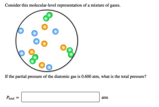 Consider this molecular-level representation of a mixture of gases.
If the partial pressure of the diatomic gas is 0.600 atm, what is the total pressure?
Protal =
atm
