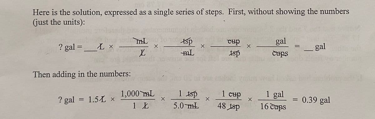 Here is the solution, expressed as a single series of steps. First, without showing the numbers
(just the units):
tsp
cup
gal
? gal =_L ×.
gal
mL
tsp
Cups
Then adding in the numbers:
1,000 mL
1 tsp
1 cup
1 gal
? gal = 1.5L x
0.39 gal
1 L
5.0 mL
48 tsp
16 cups

