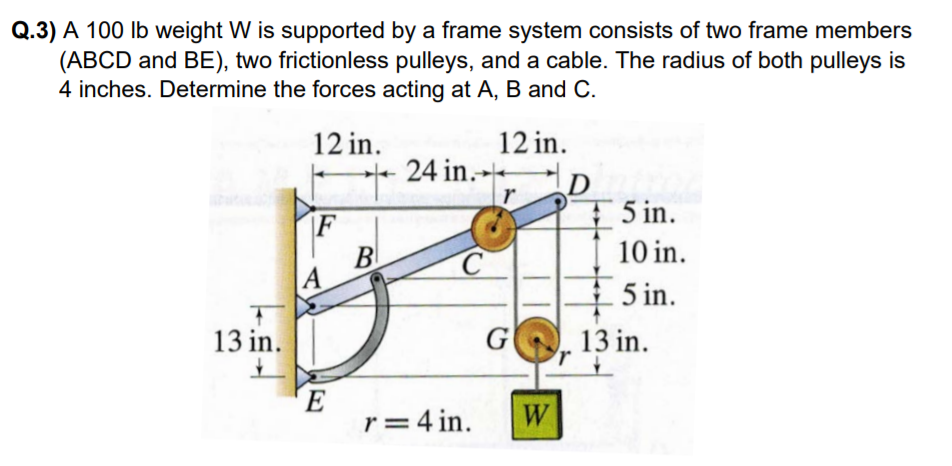 Q.3) A 100 lb weight W is supported by a frame system consists of two frame members
(ABCD and BE), two frictionless pulleys, and a cable. The radius of both pulleys is
4 inches. Determine the forces acting at A, B and C.
12 in.
12 in.
+
24 in.
D
5 in.
|F
B
|A
10 in.
5 in.
13 in.
G
13 in.
E
r= 4 in.
W
