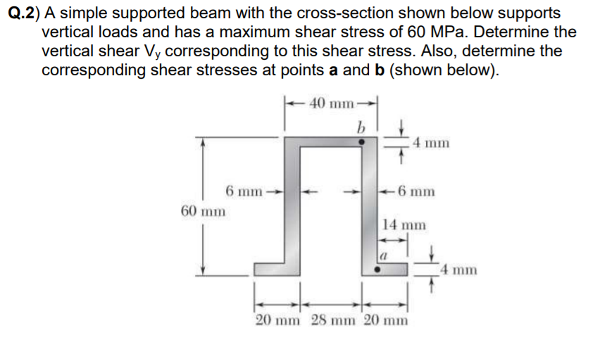 Q.2) A simple supported beam with the cross-section shown below supports
vertical loads and has a maximum shear stress of 60 MPa. Determine the
vertical shear Vy corresponding to this shear stress. Also, determine the
corresponding shear stresses at points a and b (shown below).
40 mm
4 mm
6 mm
-6 mm
60 mm
14 mm
a
4 mm
20 mm 28 mm 20 mm
