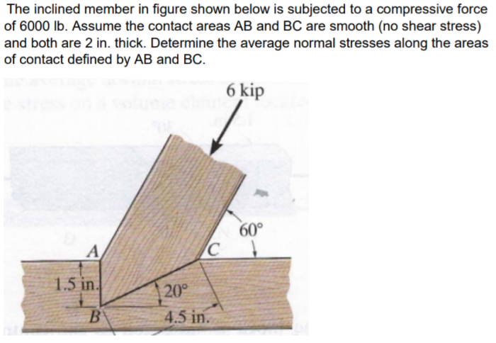 The inclined member in figure shown below is subjected to a compressive force
of 6000 Ib. Assume the contact areas AB and BC are smooth (no shear stress)
and both are 2 in. thick. Determine the average normal stresses along the areas
of contact defined by AB and BC.
6 kip
60°
A
1.5 in.
20
B
4.5 in.
