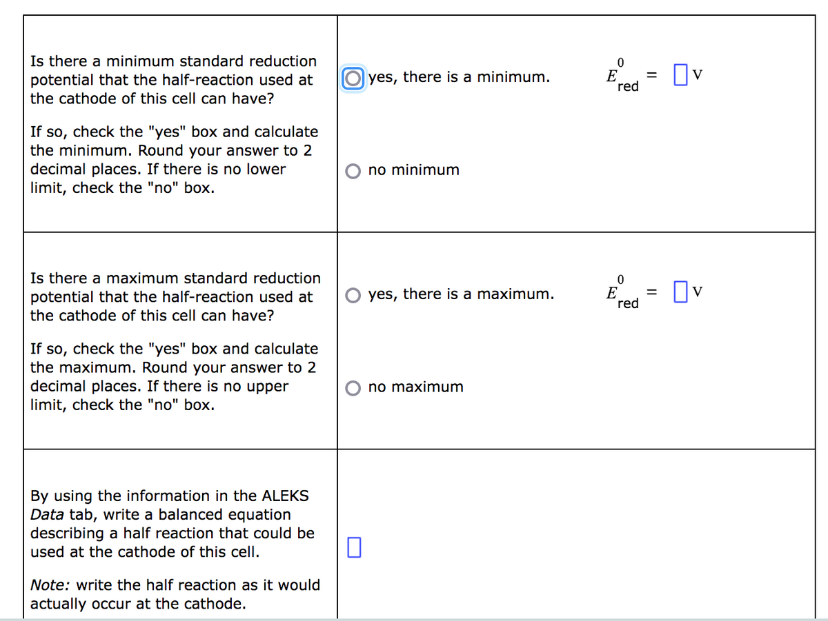 Is there a minimum standard reduction
potential that the half-reaction used at
the cathode of this cell can have?
If so, check the "yes" box and calculate
the minimum. Round your answer to 2
decimal places. If there is no lower
limit, check the "no" box.
Is there a maximum standard reduction
potential that the half-reaction used at
the cathode of this cell can have?
If so, check the "yes" box and calculate
the maximum. Round your answer to 2
decimal places. If there is no upper
limit, check the "no" box.
By using the information in the ALEKS
Data tab, write a balanced equation
describing a half reaction that could be
used at the cathode of this cell.
Note: write the half reaction as it would
actually occur at the cathode.
Oyes,
0
there is a minimum.
no minimum
yes, there is a maximum.
no maximum
0
=
E Ov
red
0
E
red
=
Ov