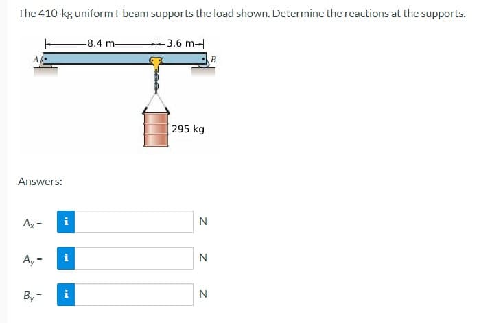 The 410-kg uniform I-beam supports the load shown. Determine the reactions at the supports.
Answers:
Ax
11
Ay =
By=
i
i
-8.4 m
+3.6 m
295 kg
N
N
N
B