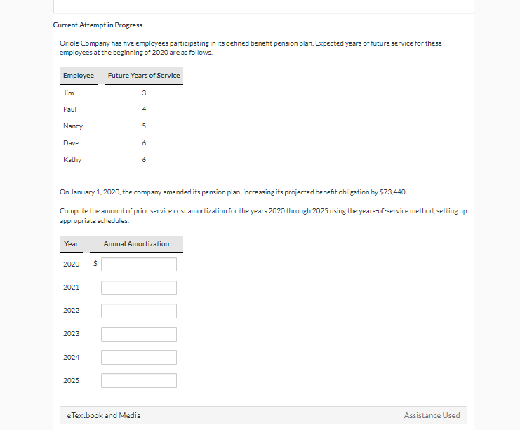 Current Attempt in Progress
Oriole Company has five employees participating in its defined benefit pension plan. Expected years of future service for these
employees at the beginning of 2020 are as follows.
Employee
Jim
Paul
Nancy
Dave
Kathy
Year
2020
2021
2022
2023
On January 1, 2020, the company amended its pension plan, increasing its projected benefit obligation by $73,440.
Compute the amount of prior service cost amortization for the years 2020 through 2025 using the years-of-service method, setting up
appropriate schedules.
2024
2025
Future Years of Service
$
3
4
eTextbook and Media
5
6
6
Annual Amortization
Assistance Used