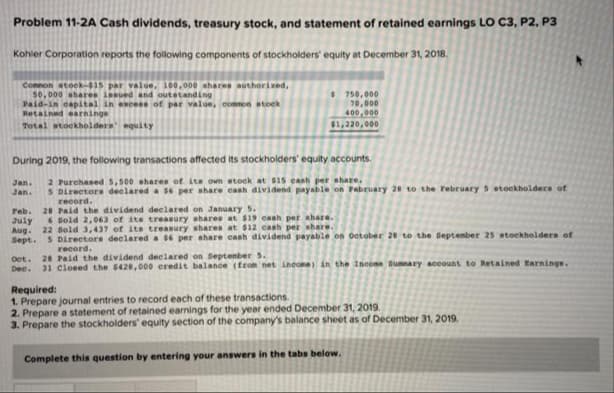 Problem 11-2A Cash dividends, treasury stock, and statement of retained earnings LO C3, P2, P3
Kohler Corporation reports the following components of stockholders' equity at December 31, 2018.
Connon stock-$15 par value, 100,000 shares authorized,
50,000 shares issued and outstanding
Paid-in capital in excess of par value, common stock
Retained earnings
Total stockholders' equity
During 2019, the following transactions affected its stockholders' equity accounts.
2 Purchased 5,500 shares of its own stock at $15 cash per share,
5 Directors declared a 56 per share cash dividend payable on February 28 to the February 3 stockholders of
record.
Jan.
Jan.
$750,000
70,000
400,000
$1,220,000
Oct.
Dec.
Feb.
28 Paid the dividend declared on January 5.
July
6 Sold 2,063 of its treasury shares at $19 cash per share.
Aug. 22 Sold 3,437 of its treasury shares at $12 cash per share.
Sept. 5 Directors declared a $6 per share cash dividend payable on October 28 to the September 25 stockholders of
record.
28 Paid the dividend declared on September 5.
31 Closed the $428,000 credit balance (from net income) in the Income Summary account to Retained Earnings.
Required:
1. Prepare journal entries to record each of these transactions.
2. Prepare a statement of retained earnings for the year ended December 31, 2019.
3. Prepare the stockholders' equity section of the company's balance sheet as of December 31, 2019.
Complete this question by entering your answers in the tabs below.