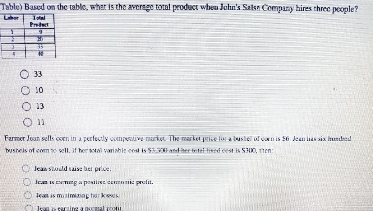 Table) Based on the table, what is the average total product when John's Salsa Company hires three people?
Total
1741
4
KIL
I
O 33
O 13
O 11
Farmer Jean sells corn in a perfectly competitive market. The market price for a bushel of corn is $6. Jean has six hundred
bushels of corn to sell. If her total variable cost is $3,300 and her total fixed cost is $300, then:
000
Jean should raise her price.
Jean is earning a positive economic profit.
Jean is minimizing her losses.
Jean is earning a normal profil.