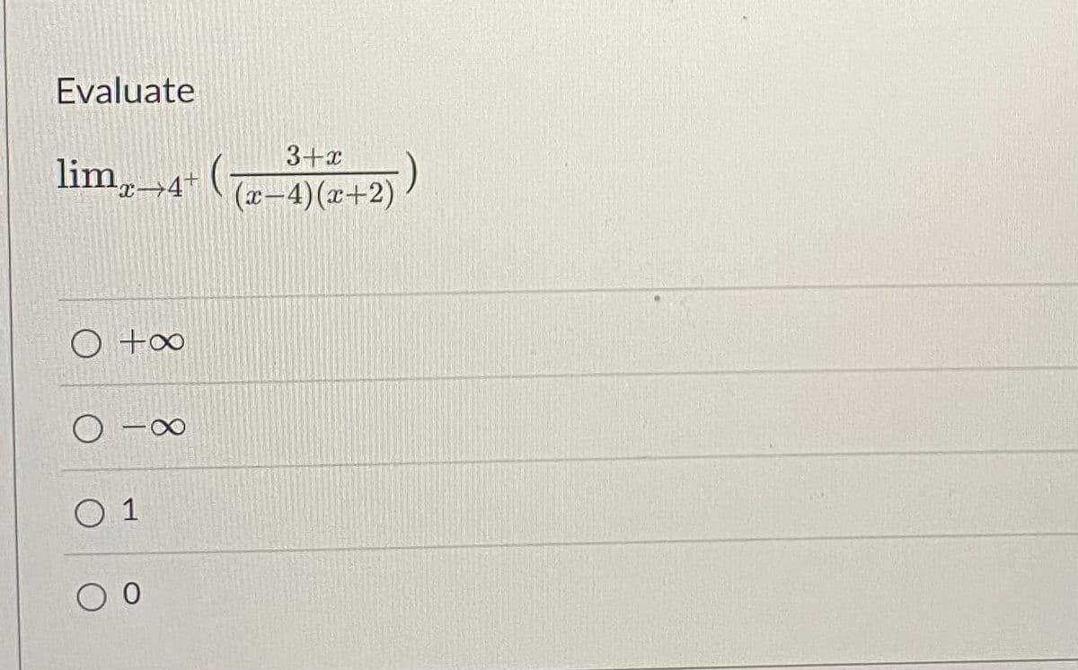 Evaluate
3+x
lim,-4* (T-4)(x+2)
C.
O +∞
O 1
