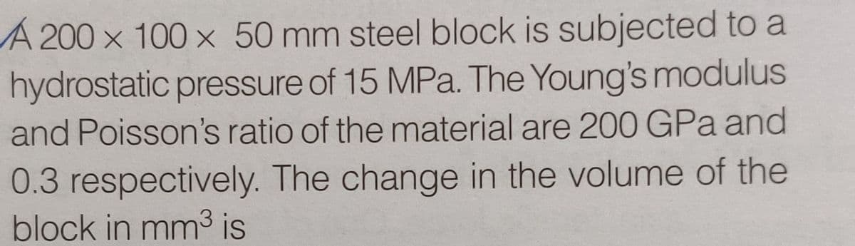 A 200 x 100 x 50 mm steel block is subjected to a
hydrostatic pressure of 15 MPa. The Young's modulus
and Poisson's ratio of the material are 200 GPa and
0.3 respectively. The change in the volume of the
block in mm3 is
