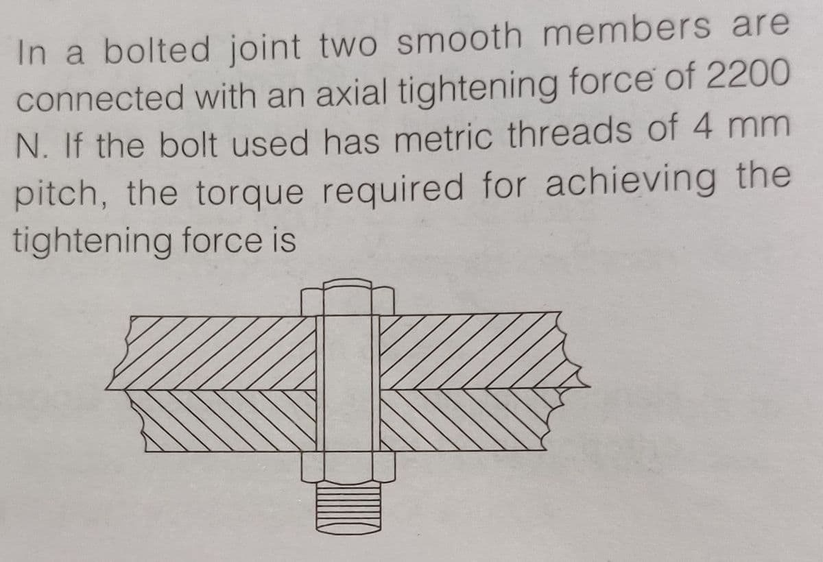 In a bolted joint two smooth members are
connected with an axial tightening force of 2200
N. If the bolt used has metric threads of 4 mm
pitch, the torque required for achieving the
tightening force is
