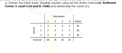 a. Obtain the initial basic feasible solution using al the three methods(i. Northwest-
Corner, i. Least-Cost and i. VAM) and determine the value of z.
Destination
Supply
4 50
2
3
2
2
4
3
2
30
5
30
Demand
30
35
20
25
Source
