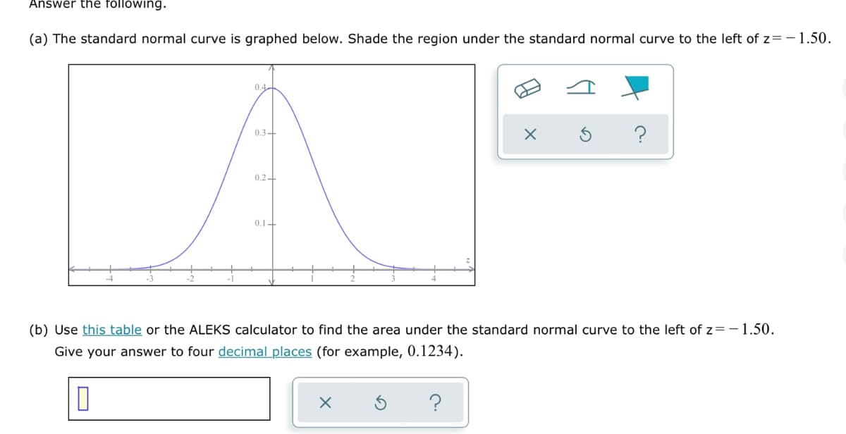 Anśwer the following.
(a) The standard normal curve is graphed below. Shade the region under the standard normal curve to the left of z= - 1.50.
0.4
?
0.3+
0.2
0.1-
(b) Use this table or the ALEKS calculator to find the area under the standard normal curve to the left of z=-1.50.
Give your answer to four decimal places (for example, 0.1234).
