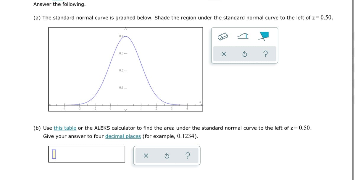 Answer the following.
(a) The standard normal curve is graphed below. Shade the region under the standard normal curve to the left of z=0.50.
0.4
0.3-
0.24
0.14
(b) Use this table or the ALEKS calculator to find the area under the standard normal curve to the left of z= 0.50.
Give your an:
to four decimalplaces (for example, 0.1234).
