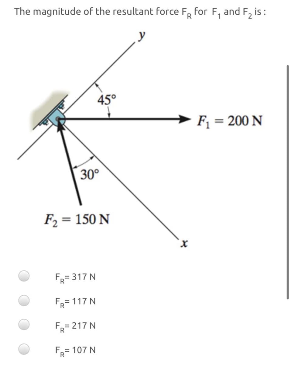 The magnitude of the resultant force FR for F, and F, is:
y
45°
F1 = 200 N
%3D
30°
F2 = 150 N
x.
FR= 317 N
FR= 117 N
FR= 217 N
FR
= 107 N
