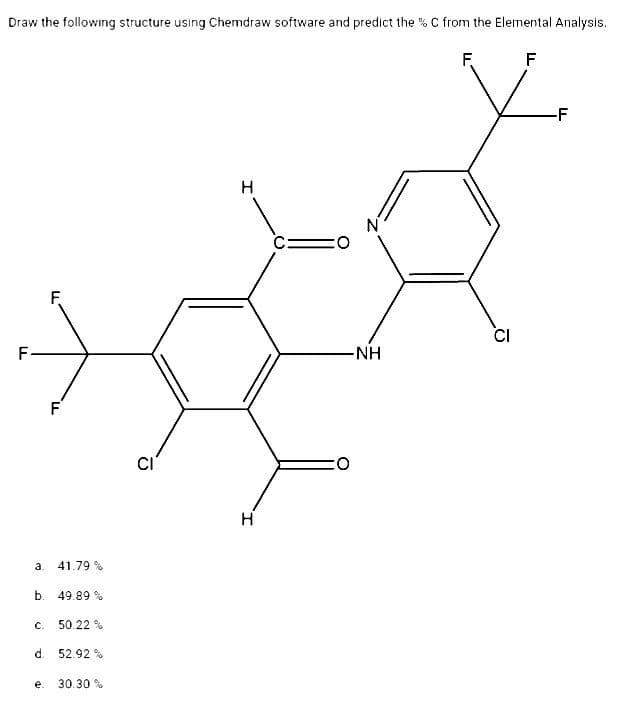 Draw the following structure using Chemdraw software and predict the % C from the Elemental Analysis.
F
F
F
F
F
a. 41.79%
b. 49.89%
C.
50.22%
d. 52.92%
e. 30.30%
H
H
ΝΗ
CI
-F