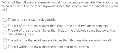 Which of the following statements would most accurately describe the relationship
between the pH of the inner thylakoid space, the stroma, and the cytosol of a plant
cell?
) There is no consistent relationship.
) The pH of the stroma is lower than that of the other two measurements.
The pH of the stroma is higher than that of the thylakoid space but lower than
that of the cytosol.
) The pH of the thylakoid space is higher than that anywhere else in the cell.
O The pH within the thylakoid is less than that of the stroma.
