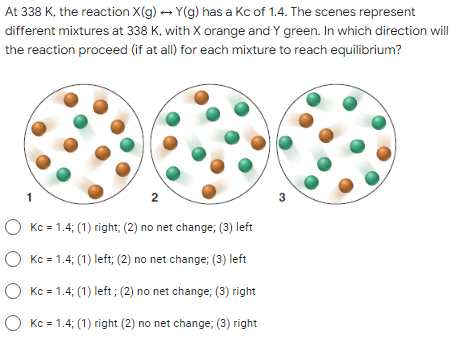 At 338 K, the reaction X(g) →Y(g) has a Kc of 1.4. The scenes represent
different mixtures at 338 K, with X orange and Y green. In which direction will
the reaction proceed (if at all) for each mixture to reach equilibrium?
2
O Kc = 1.4; (1) right; (2) no net change; (3) left
O Kc = 1.4; (1) left; (2) no net change; (3) left
O Kc = 1.4; (1) left; (2) no net change; (3) right
Kc = 1.4; (1) right (2) no net change; (3) right