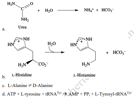 H2N.
+ H2O
NH,+ + HCO3-
NH2
Urea
а.
ENH
= NH
NH
HN
in
HN
H2O
+ HCO,
H2N
`CO,
H,N
L-Histidine
b.
sheri
d. ATP + L-tyrosine + tRNA™→ AMP + PP; + L-Tyrosyl-tRNA™
L-Histamine
c. L-Alanine D-Alanine
