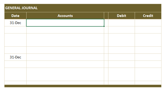 GENERAL JOURNAL
Date
Accounts
Debit
Credit
31-Dec
31-Dec
