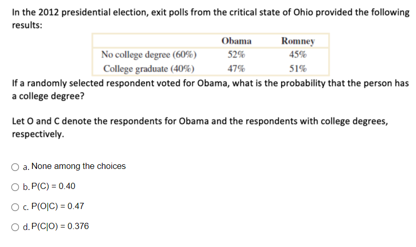 In the 2012 presidential election, exit polls from the critical state of Ohio provided the following
results:
Obama
Romney
No college degree (60%)
52%
45%
College graduate (40%)
47%
51%
If a randomly selected respondent voted for Obama, what is the probability that the person has
a college degree?
Let O and C denote the respondents for Obama and the respondents with college degrees,
respectively.
O a. None among the choices
O b. P(C) = 0.40
O c. P(O|C) = 0.47
O d. P(CJO) = 0.376
