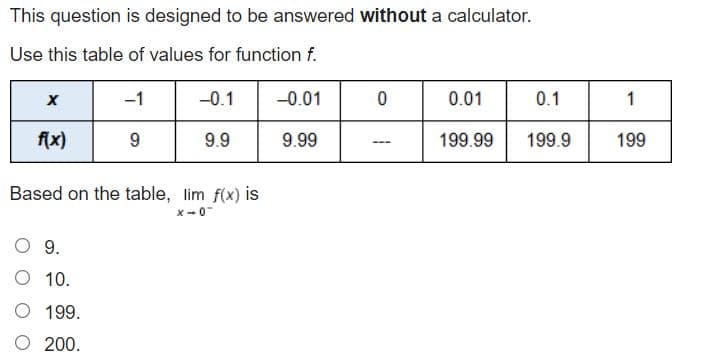 This question is designed to be answered without a calculator.
Use this table of values for function f.
-1
-0.1
-0.01
0.01
0.1
1
f(x)
9.9
9.99
199.99
199.9
199
----
Based on the table, lim f(x) is
X-0
O 9.
O 10.
O 199.
O 200.
