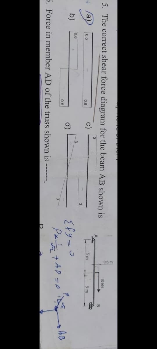 0.6 m
5. The correct shear force diagram for the beam AB shown is
10 kN
B
3.
a)
0.6
tato
0.6
5 m
5 m
3
0.6
b)
d)
{fy=o
%3D
0.6
AB
5. Force in member AD of the truss shown is
