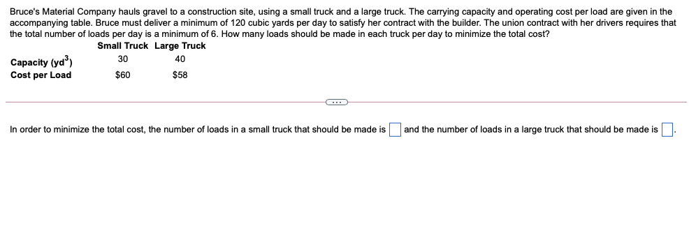 Bruce's Material Company hauls gravel to a construction site, using a small truck and a large truck. The carrying capacity and operating cost per load are given in the
accompanying table. Bruce must deliver a minimum of 120 cubic yards per day to satisfy her contract with the builder. The union contract with her drivers requires that
the total number of loads per day is a minimum of 6. How many loads should be made in each truck per day to minimize the total cost?
Small Truck Large Truck
Capacity (yd)
Cost per Load
30
40
$60
$58
In order to minimize the total cost, the number of loads in a small truck that should be made is and the number of loads in a large truck that should be made is
