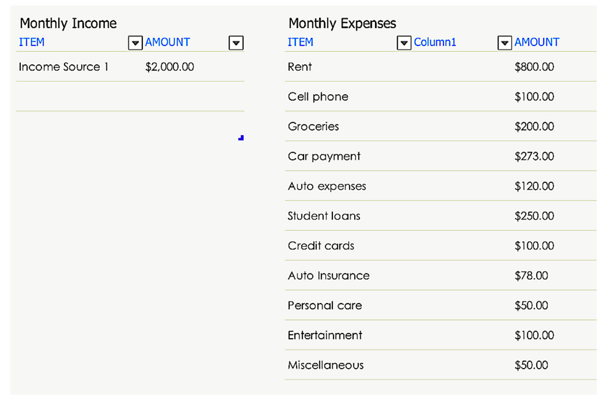 Monthly Income
Monthly Expenses
ITEM
-AMOUNT
ITEM
v Column1
V AMOUNT
Income Source 1
$2,000.00
Rent
$800.00
Cell phone
$100.00
Groceries
$200.00
Car payment
$273.00
Auto expenses
$120.00
Student loans
$250.00
Credit cards
$100.00
Auto Insurance
$78.00
Personal care
$50.00
Entertainment
$100.00
Miscellaneous
$50.00
