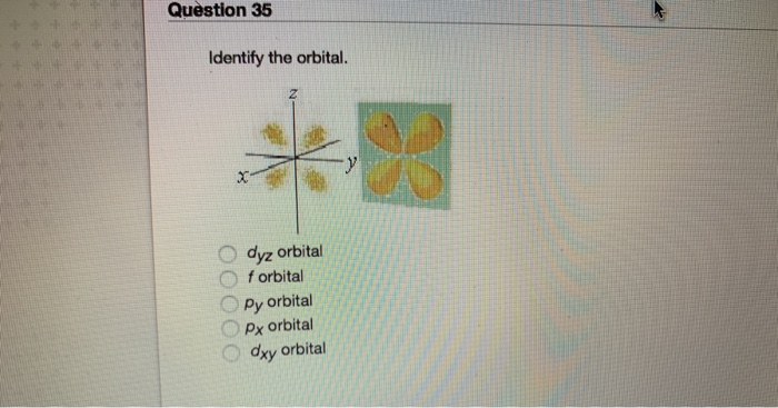 Question 35
Identify the orbital.
dyz orbital
f orbital
Py orbital
Px orbital
dxy orbital