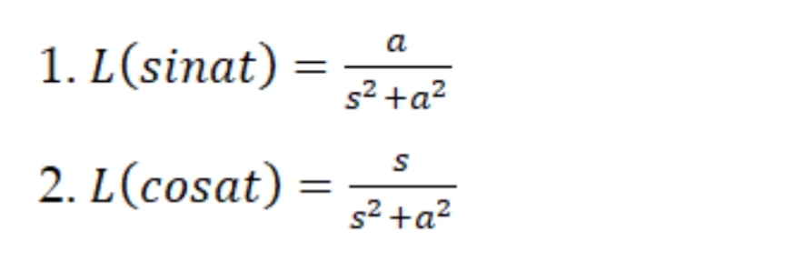 a
1. L(sinat)
s2 +a?
2. L(cosat)
s² +a²
