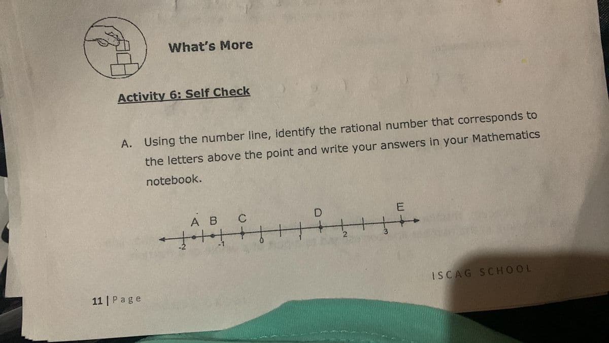 What's More
Activity 6: Self Check
À. Using the number line, identify the rational number that corresponds to
the letters above the point and write your answers in your Mathematics
notebook.
A B C
E
3.
11 | Page
ISCAG SCHOOL
