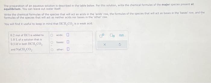 The preparation of an aqueous solution is described in the table below. For this solution, write the chemical formulas of the major species present at
equilibrium. You can leave out water itself.
Write the chemical formulas of the species that will act as acids in the 'acids' row, the formulas of the species that will act as bases in the "bases' row, and the
formulas of the species that will act as neither acids nor bases in the 'other' row.
You will find it useful to keep in mind that HCH, CO, is a weak acid.
0.2 mol of HCI is added to
1.0 L of a solution that is
0.5 M in both HCH, CO₂
and NaCH, CO₂
E
acids: O
bases:
other: D
X
5