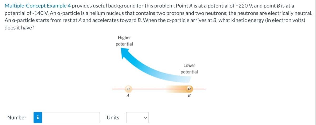 Multiple-Concept Example 4 provides useful background for this problem. Point A is at a potential of +220 V, and point B is at a
potential of -140 V. An a-particle is a helium nucleus that contains two protons and two neutrons; the neutrons are electrically neutral.
An a-particle starts from rest at A and accelerates toward B. When the a-particle arrives at B, what kinetic energy (in electron volts)
does it have?
Number i
Higher
potential
Units
A
Lower
potential
B