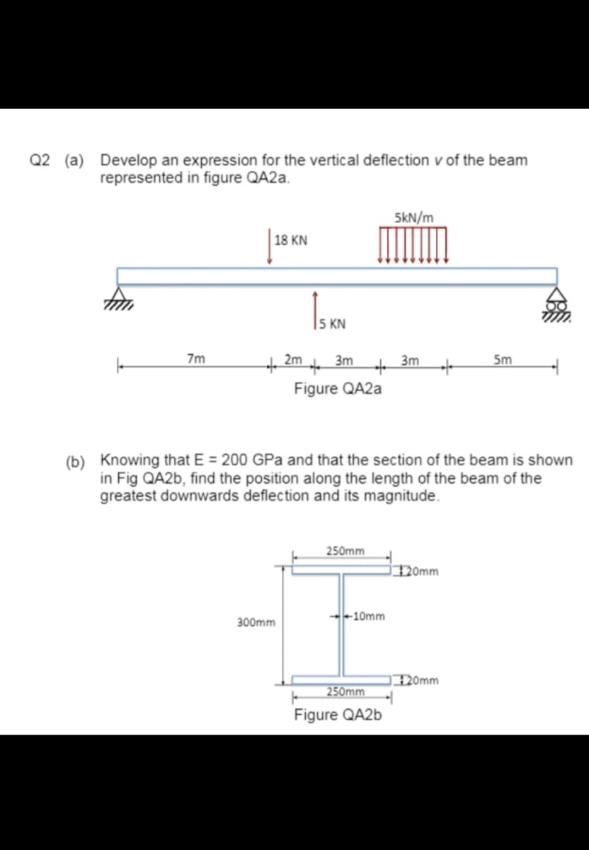Q2 (a) Develop an expression for the vertical deflection v of the beam
represented in figure QA2a.
5kN/m
18 KN
7m
2m
3m
5m
Figure QA2A
(b) Knowing that E = 200 GPa and that the section of the beam is shown
in Fig QA26, find the position along the length of the beam of the
greatest downwards deflection and its magnitude.
250mm
20mm
-+10mm
300mm
꼬0mm
250mm
Figure QA26
