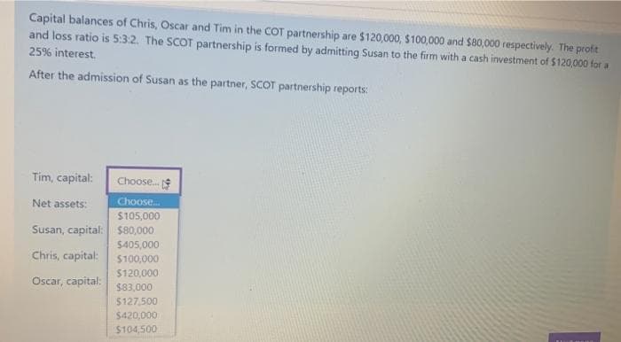 Capital balances of Chris, Oscar and Tim in the COT partnership are $120,000, $100,000 and $80,000 respectively. The profit
and loss ratio is 5:3:2. The SCOT partnership is formed by admitting Susan to the firm with a cash investment of $120,000 for a
25% interest.
After the admission of Susan as the partner, SCOT partnership reports:
Tim, capital:
Choose.
Net assets:
Choose.
$105,000
Susan, capital: $80,000
Chris, capital:
$405,000
$100,000
$120,000
Oscar, capital:
$83,000
$127,500
$420,000
$104,500

