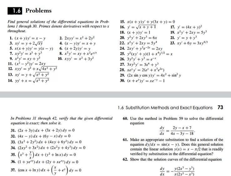 1.6 Problems
Find general solutions of the differential equations in Prob-
lems i through 30. Primes denote derivatives with respect to x
throughout.
15. x(x + y)y' + y(3x + y) = 0
16. y = Vx + y +1
18. (x + y)y = 1
20. y?y' + 2xy = 6x
22. x'y + 2xy = 5y*
24. 2xy' + y'e-24 = 2xy
25. y?(xy' + y)(1 +x*)/2 = x
26. 3y?y' + y' = e*
27. 3xyy = 3x* + y
28. xe' y = 2(e +x'e)
29. (2x sin y cos y)y' 4x +sin' y
30. (x +e)y' = xe – 1
17. y = (4x + y)?
19. xy' + 2ry 5y
21. y' = y + y
23. xy' + 6y = 3xyt/3
1. (x + y)y = x - y
3. xy = y +2xy
5. x(x+ y)y' = y(x – y) 6. (x + 2y)y' y
7. xy'y' = x + y
9. x'y = xy + y
11. (x² – y?)y = 2ry
12. xyy' = y? + x/4x? + y?
13. xy = y +Vr + y?
14. yy +x = x² + y?
2. 2xyy' = x? + 2y?
4. (x - y)y' = x+ y
%3D
8. x'y' = xy + x'erla
10. xyy' = x? +3y?
1.6 Substitution Methods and Exact Equations 73
In Problems 31 through 42, verify that the given differential
equation is exact; then solve it.
60. Use the method in Problem 59 to solve the differential
equation
dy
2y-x +7
31. (2x + 3y) dx + (3x +2y) dy = 0
32. (4x - y) dx + (6y – x) dy = 0
33. (3x? +2y?) dx+ (4xy +6y?) dy = 0
34. (2xy + 3x?) dx + (2x'y+4y) dy = 0
35. (x' +2) dx + (y² + In x) dy = 0
dx 4x – 3y – 18
61. Make an appropriate substitution to find a solution of the
equation dy/dx = sin(x – y). Does this general solution
contain the linear solution y(x) = x - 1/2 that is readily
verified by substitution in the differential equation?
62. Show that the solution curves of the differential equation
36. (1 + ye") dx + (2y + xe) dy = 0
y(2r - y)
x(2y3 - x)
37. (cos x + In y) dx +
dy = 0
dy
dx
