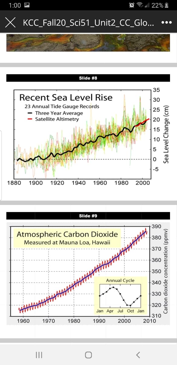 1:00
22% !
X KCC_Fall20_Sci51_Unit2_CC_Glo..
•..
Slide #8
35
Recent Sea Level Rise
30
23 Annual Tide Gauge Records
- Three Year Average
Satellite Altimetry
25
20
15
10
1880
1900
1920
1940
1960
1980
2000
Slide #9
Atmospheric Carbon Dioxide
Measured at Mauna Loa, Hawaii
Annual Cycle
Jan Apr Jul Oct Jan
1960
1970
1980
1990
2000
2010
II
Carbon dioxide concentration (ppmv)
Sea Level Change (cm)
